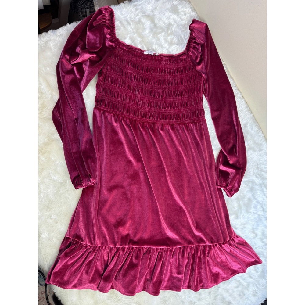 LC Lauren Conrad Burgundy Velvet Smocked Mini Dress Long Sleeve Ruffle Hem Small